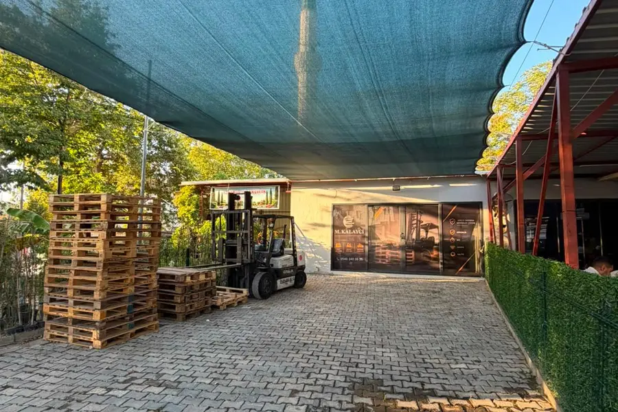 İzmir Pınarbaşı’ndaki bahçede çalışır durumda forklift ve istiflenmiş ahşap paletler
